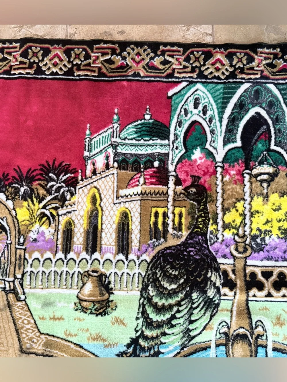Vintage 1970 Circa Velvet Peacock Wall Tapestry Rug - 64